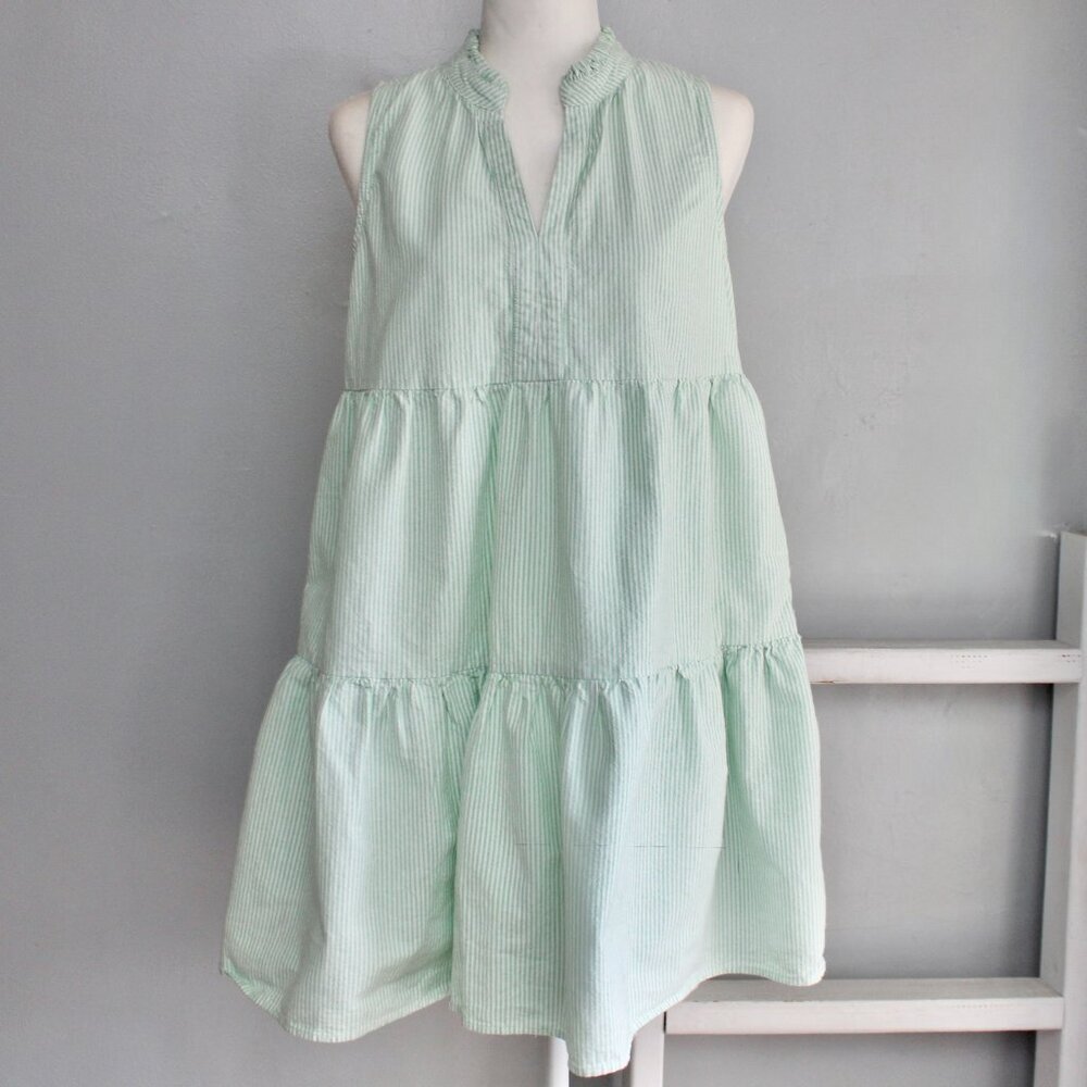 DUFFIELD LANE Green White Striped Annika Tiered Above the Knee Dress sz Medium - Picture 3 of 10